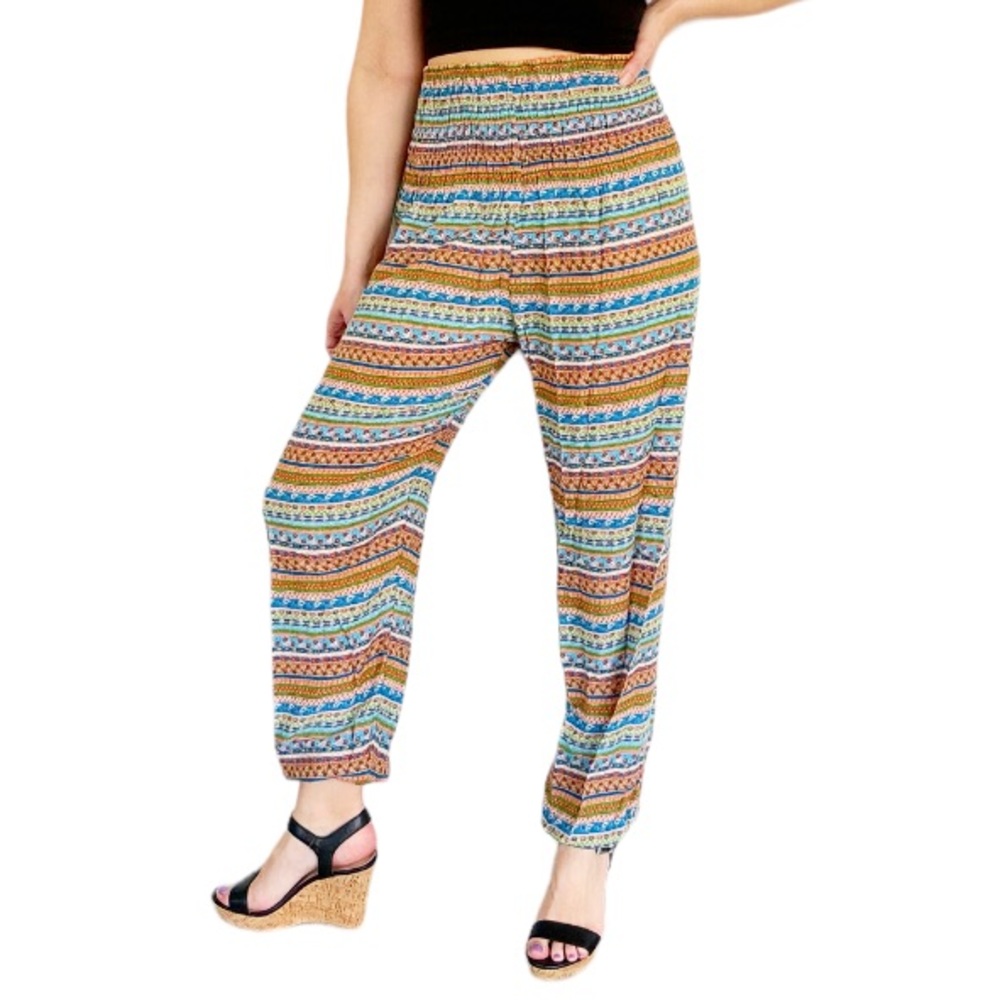 Bohemian Island blue orange paisley lightweight high rise harem pants one size